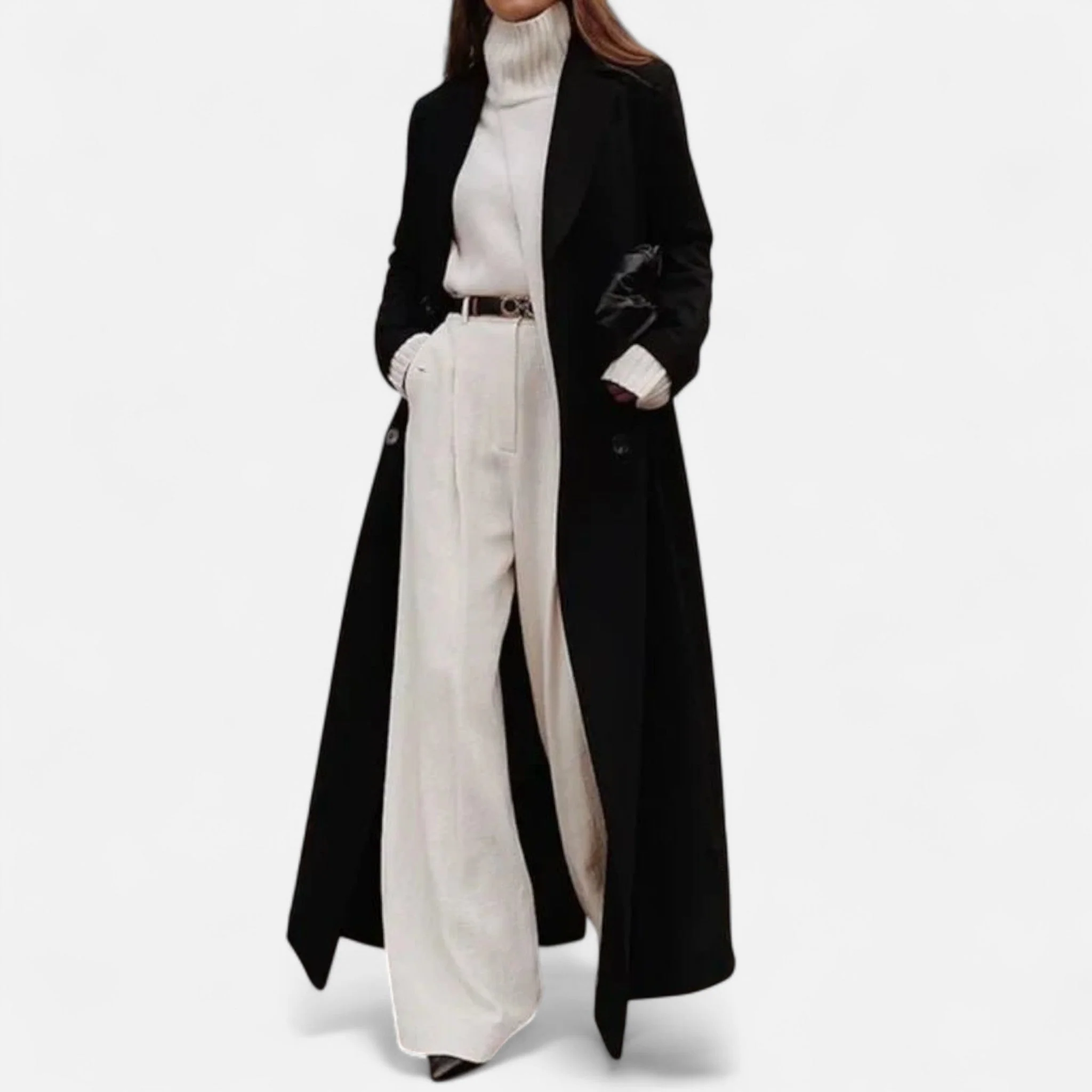 Iga | Czarny maxi płaszcz o eleganckim kroju damski - Image 3