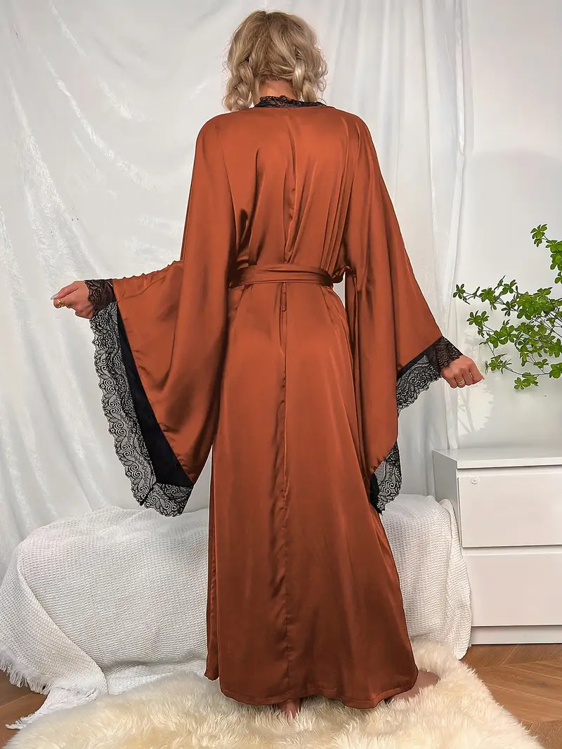 Izabela | Długi koronkowy kimono damskie z paskiem i szerokimi rękawami - Image 12