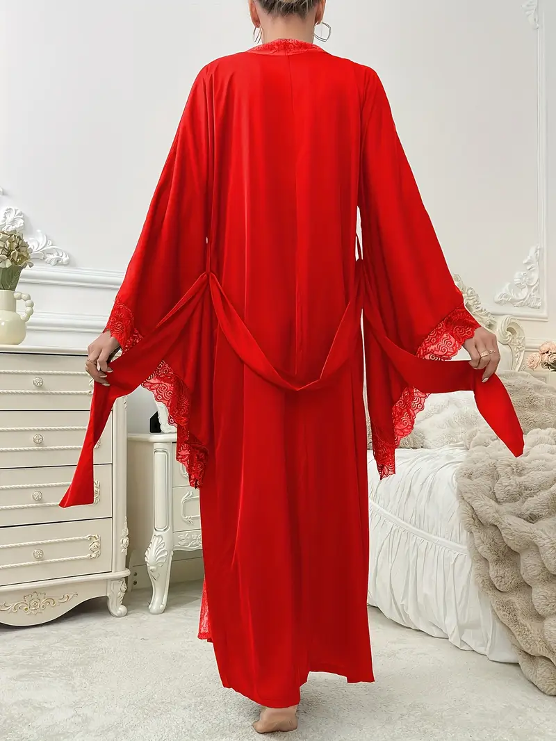 Izabela | Długi koronkowy kimono damskie z paskiem i szerokimi rękawami - Image 3