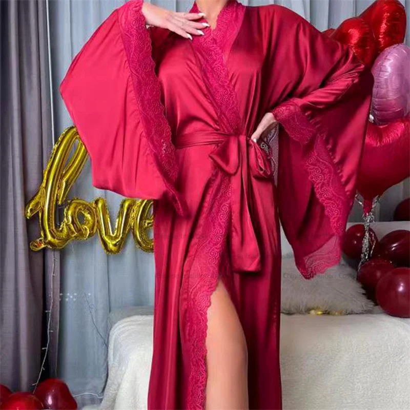 Izabela | Długi koronkowy kimono damskie z paskiem i szerokimi rękawami - Image 9