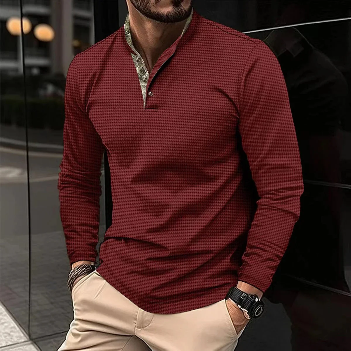 Krzysztof | Koszulka Henley z długim rękawem i stójką męska - Image 3