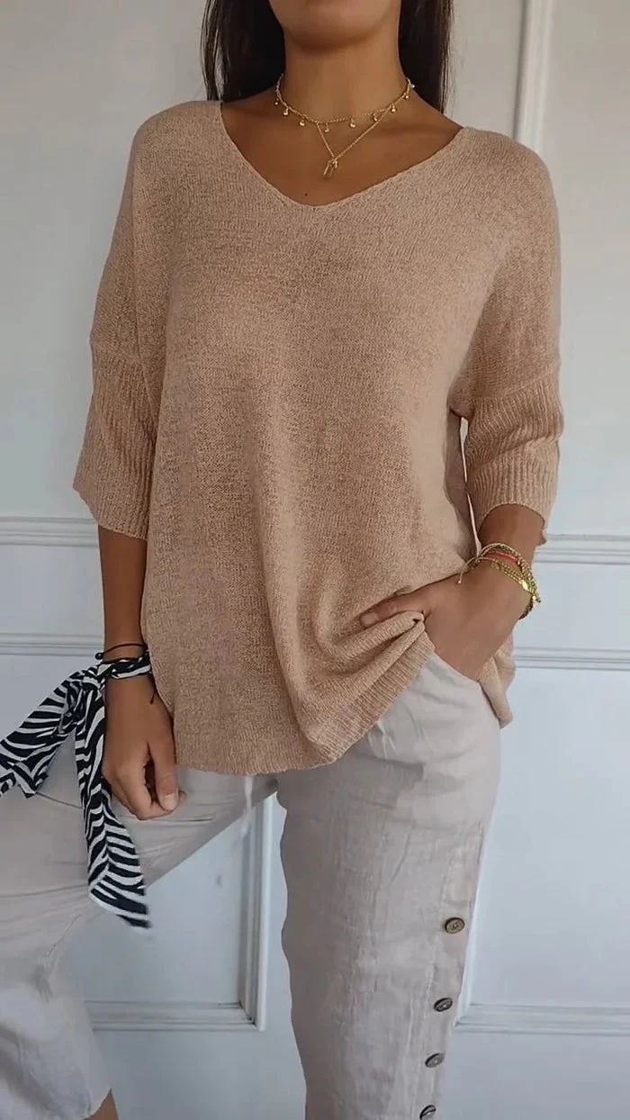 Lidia | Dzianinowy top damski z dekoltem w serek i rękawami 3/4 - Image 3