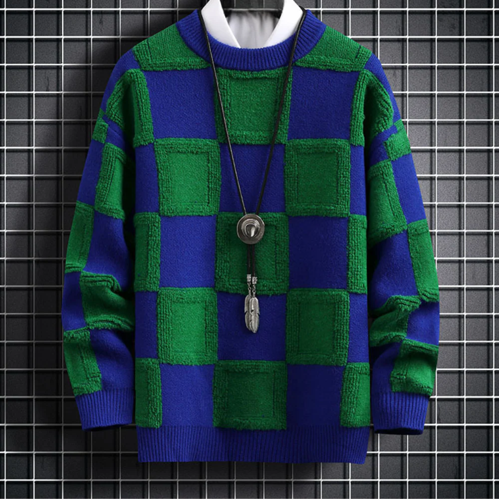 Rafał | Sweter męski w kratę z okrągłym dekoltem - Image 2