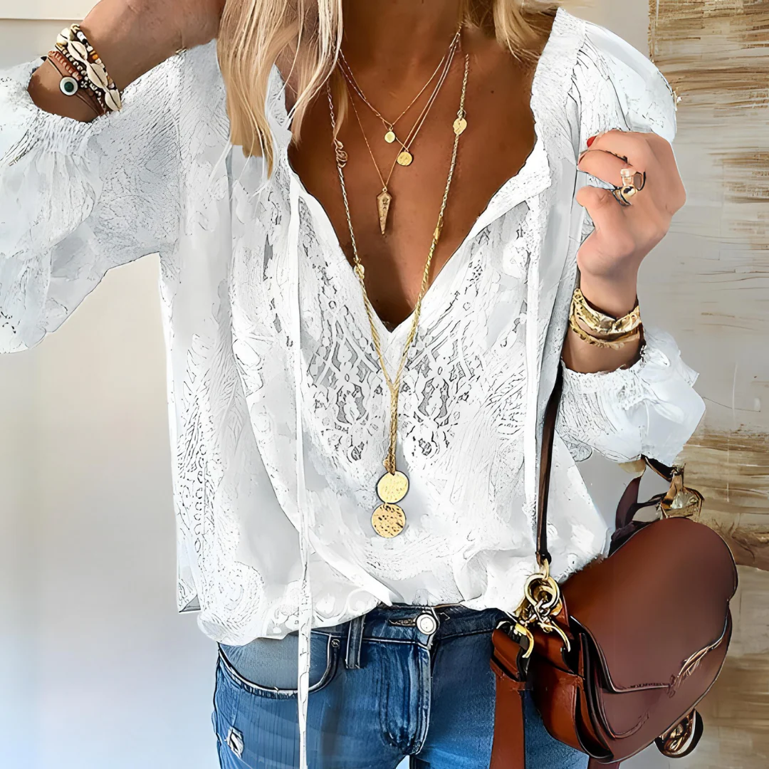 Roksana | Bluzka damska w stylu boho z rozciętym dekoltem vintage - Image 2