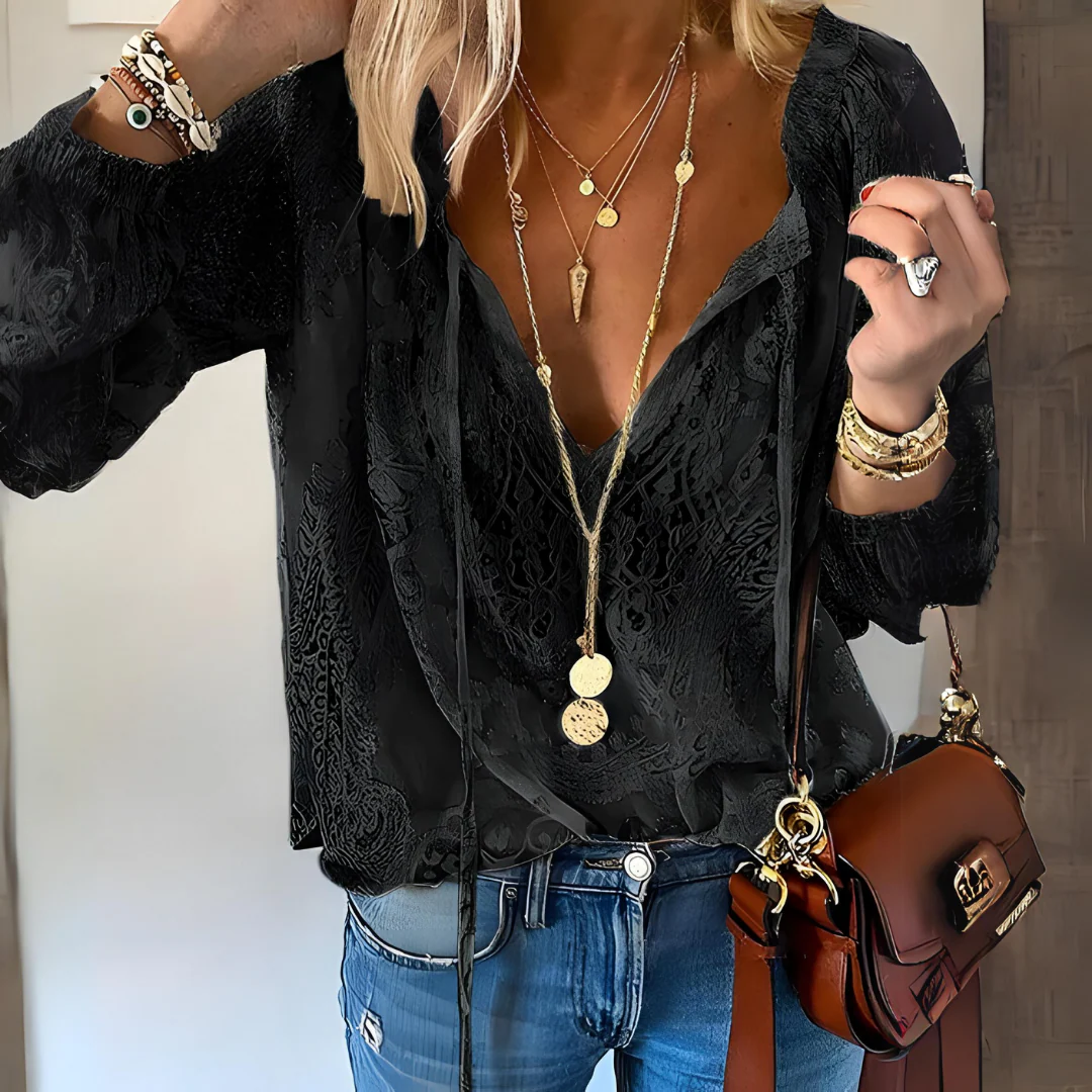 Roksana | Bluzka damska w stylu boho z rozciętym dekoltem vintage - Image 3